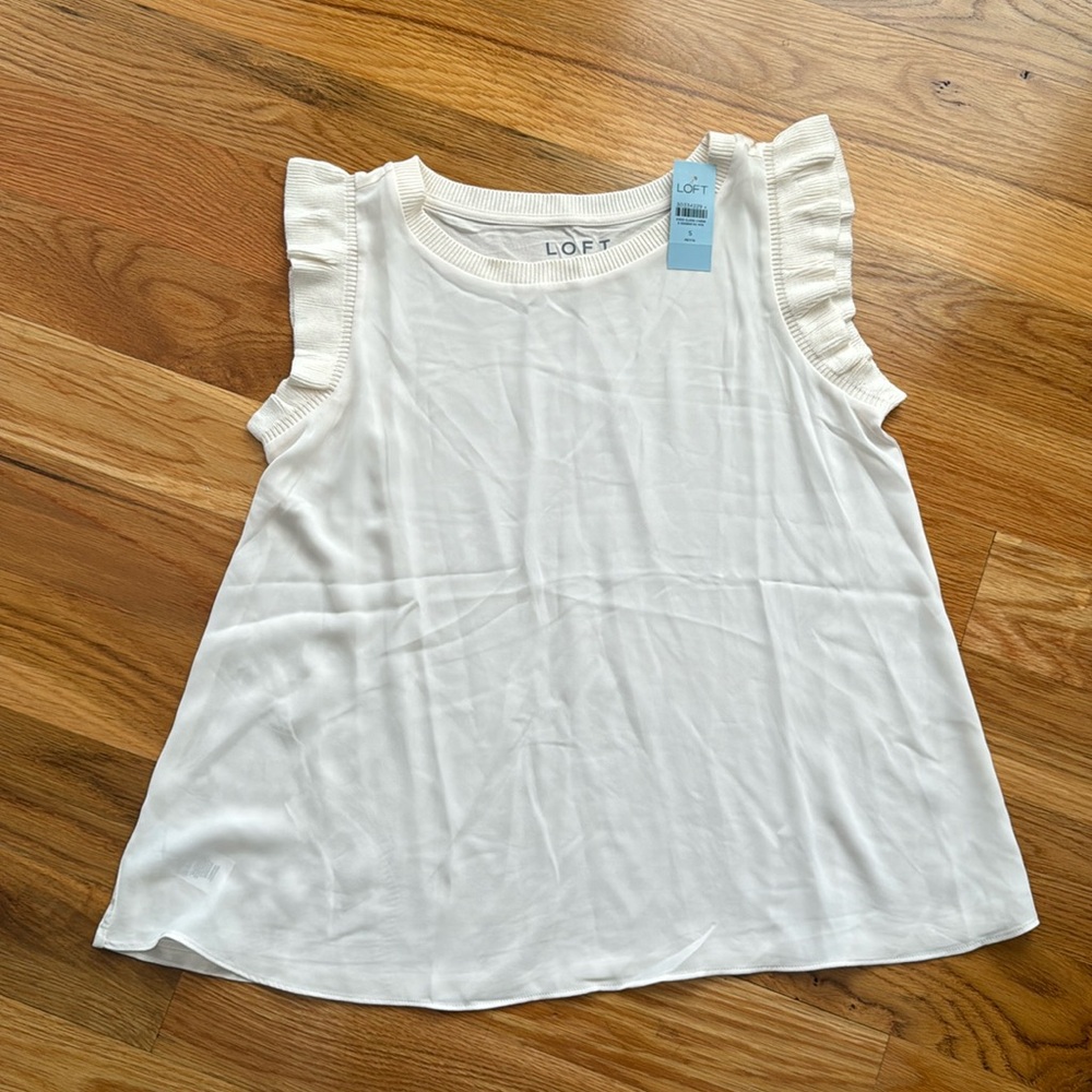 LOFT mixed media swing top sleeveless ruffle trim size small petite